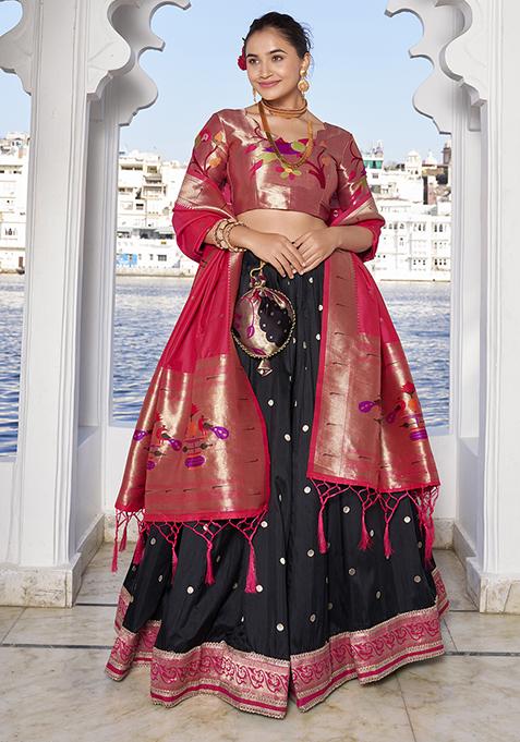Black Zari Woven Silk Lehenga Set