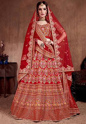 Red Embroidered Art Silk Lehenga Set