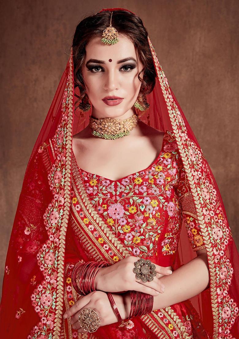 Red Embroidered Art Silk Lehenga Set
