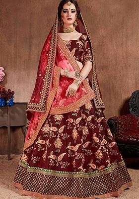 Maroon Embroidered Poly Blend Lehenga Set