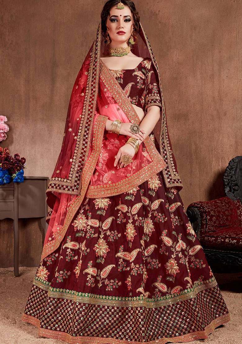 Maroon Embroidered Poly Blend Lehenga Set for Diwali and Festive Wear - Indya