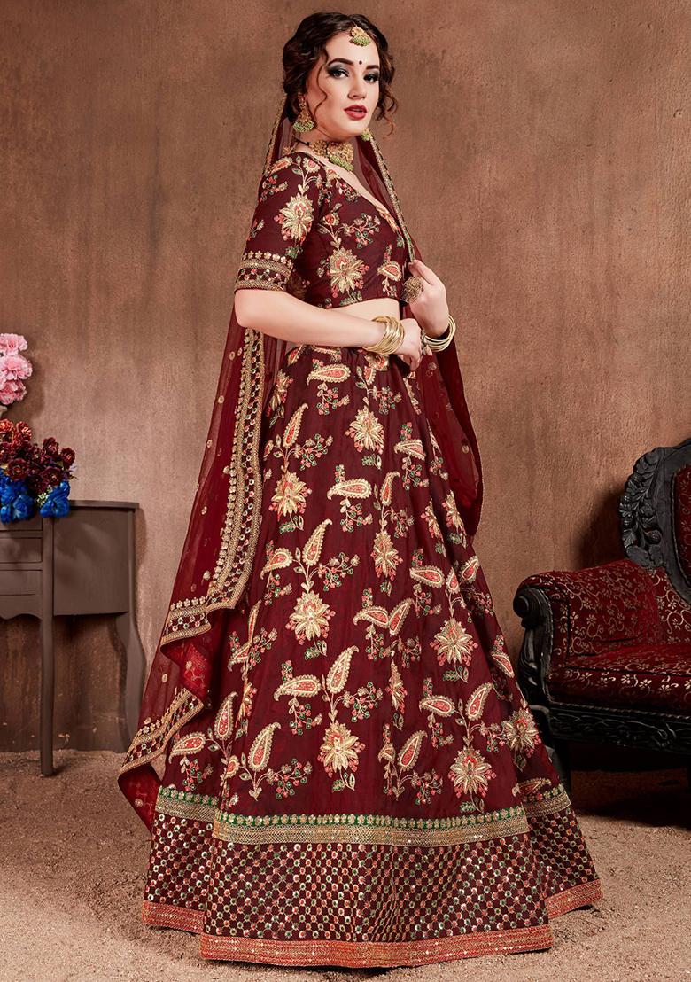 Maroon Embroidered Poly Blend Lehenga Set