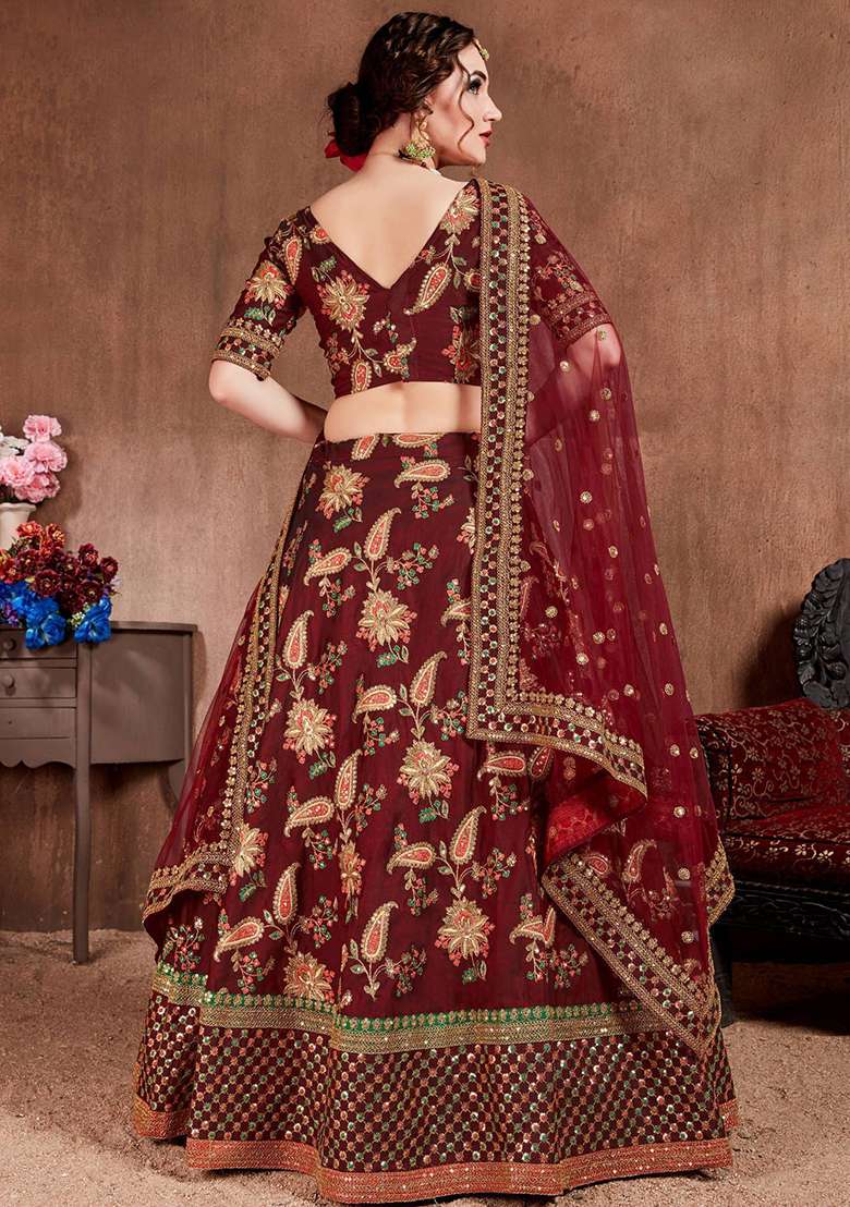 Maroon Embroidered Poly Blend Lehenga Set for Diwali and Festive Wear - Indya