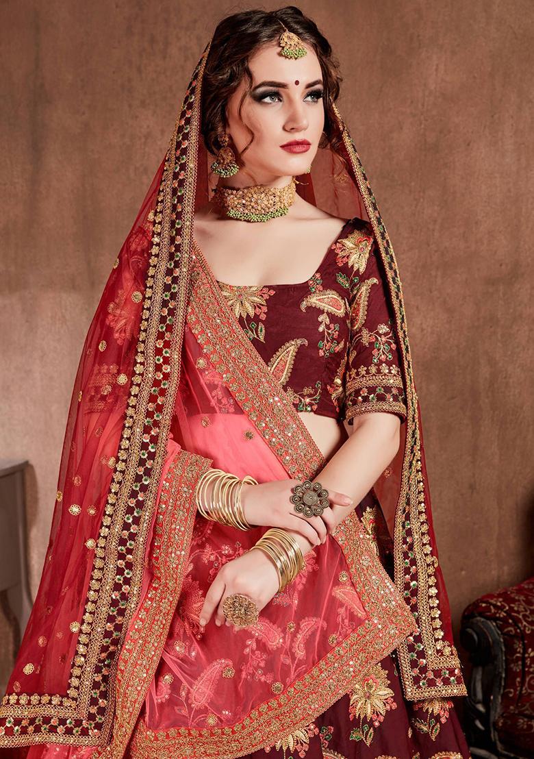 Maroon Embroidered Poly Blend Lehenga Set