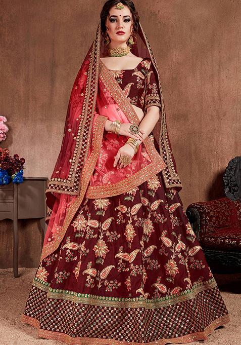 Maroon Embroidered Poly Blend Lehenga Set