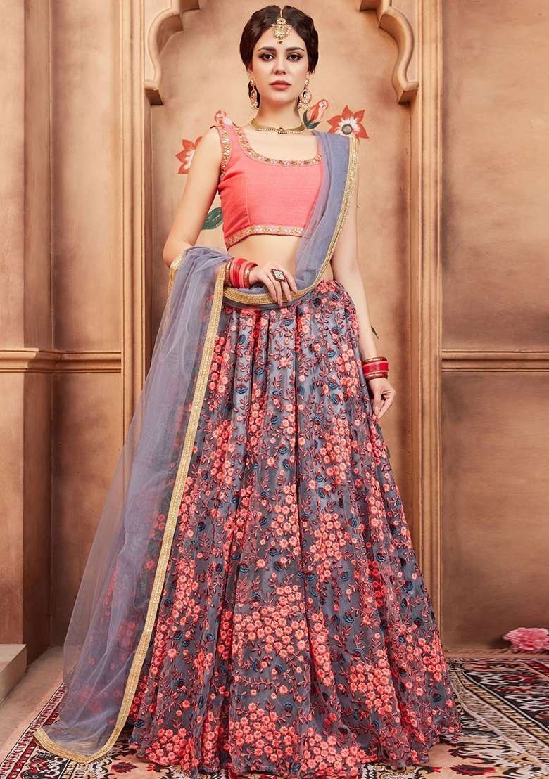 Grey Net Lehenga Set with Floral Print for Diwali | Wedding & Festive Wear - Indya
