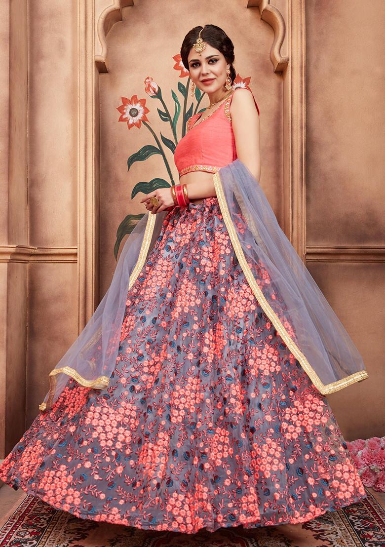 Grey Floral Print Net Lehenga Set