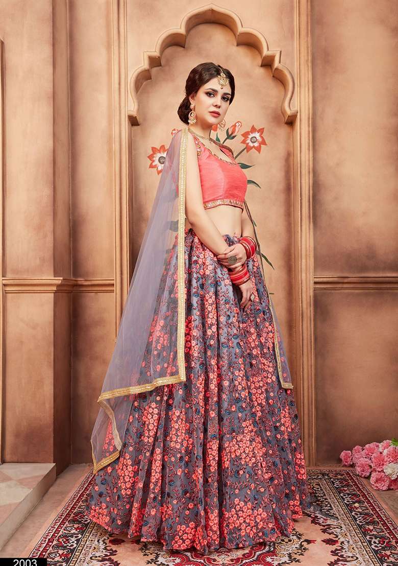 Grey Net Lehenga Set with Floral Print for Diwali | Wedding & Festive Wear - Indya