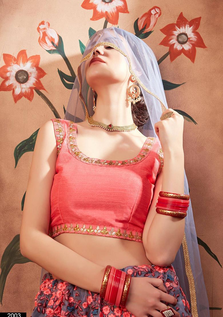 Grey Floral Print Net Lehenga Set