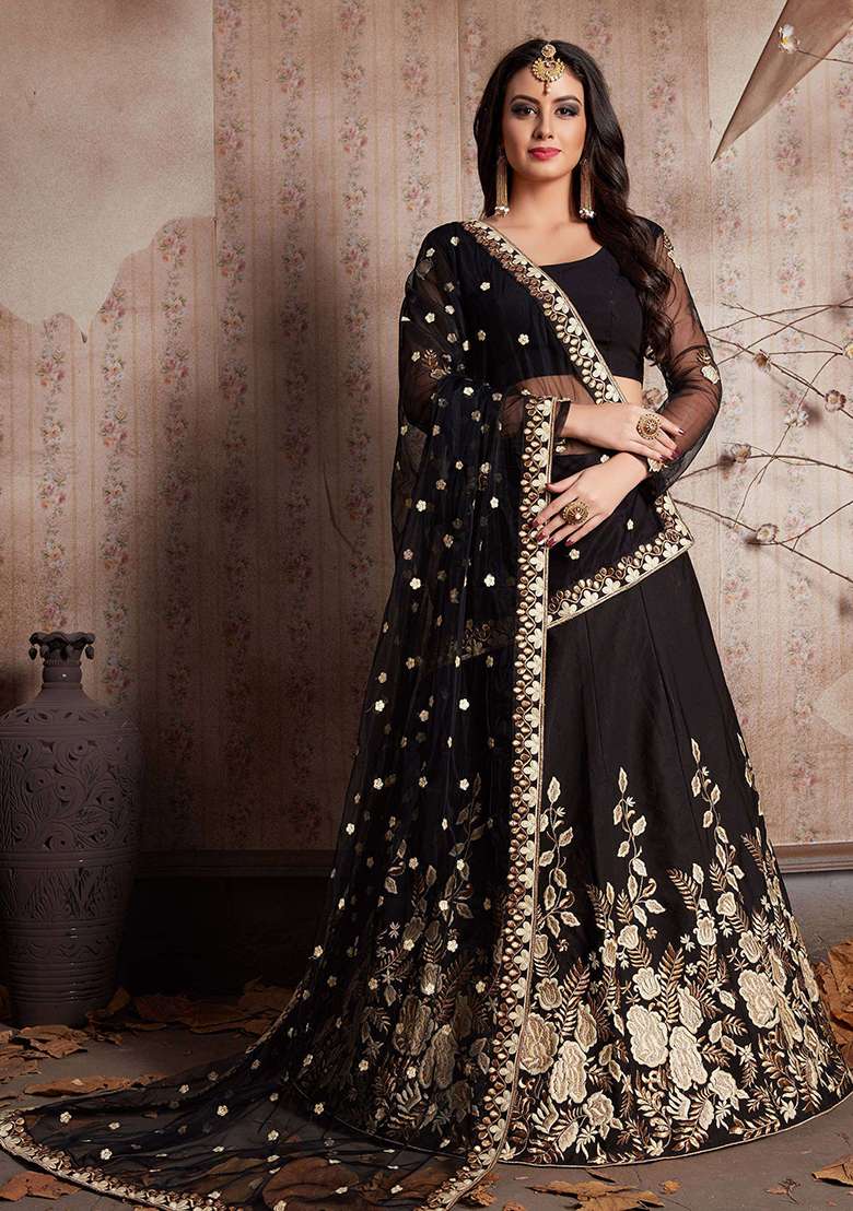 Black Embroidered Silk Blend Lehenga Set for Diwali and Festive Wear - Indya