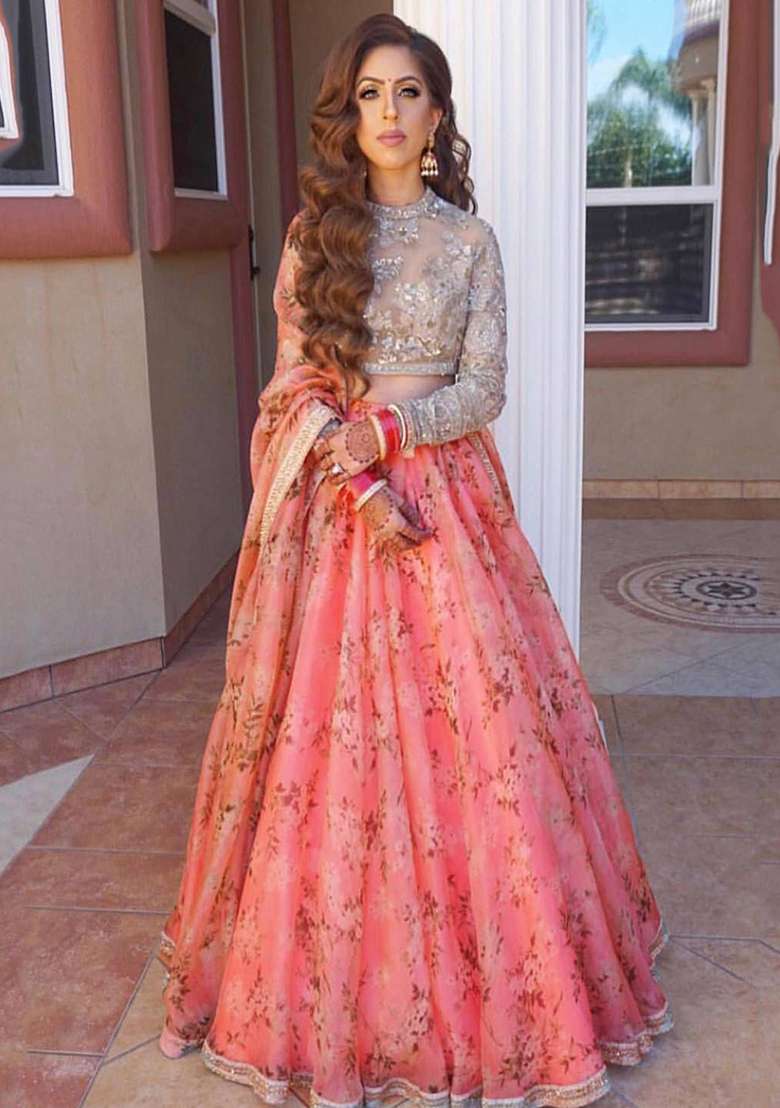 Pink Floral Print Organza Lehenga Set for Diwali and Festive Wear - Indya