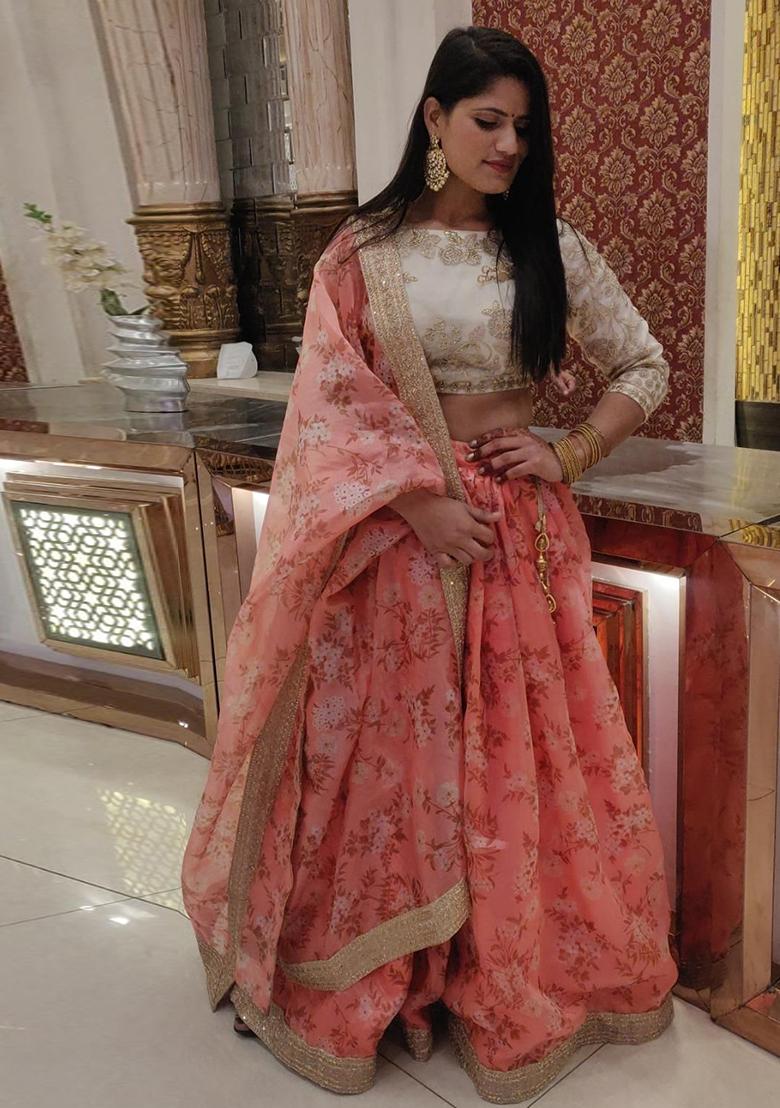 Pink Floral Print Organza Lehenga Set