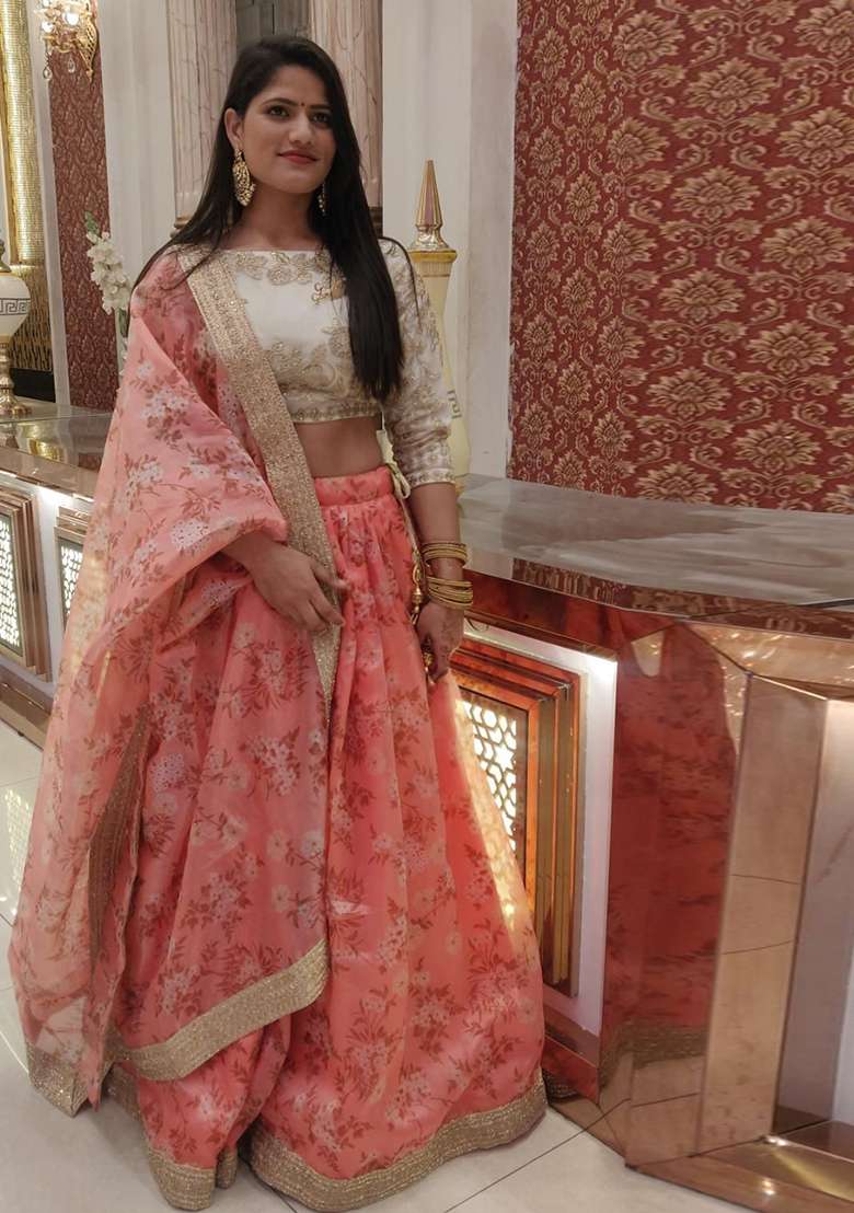 Pink Floral Print Organza Lehenga Set for Diwali and Festive Wear - Indya