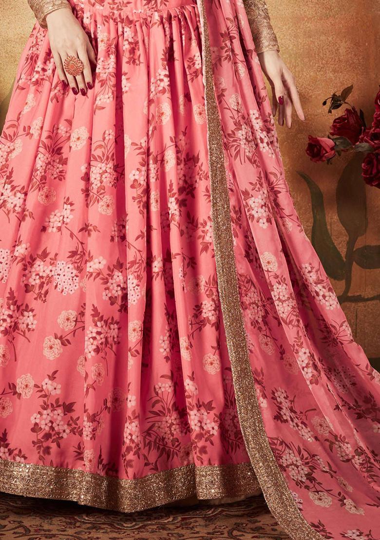 Pink Floral Print Organza Lehenga Set