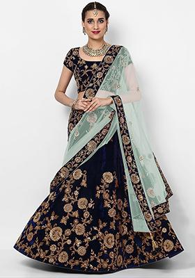 Navy Blue Embroidered Velvet Lehenga Set