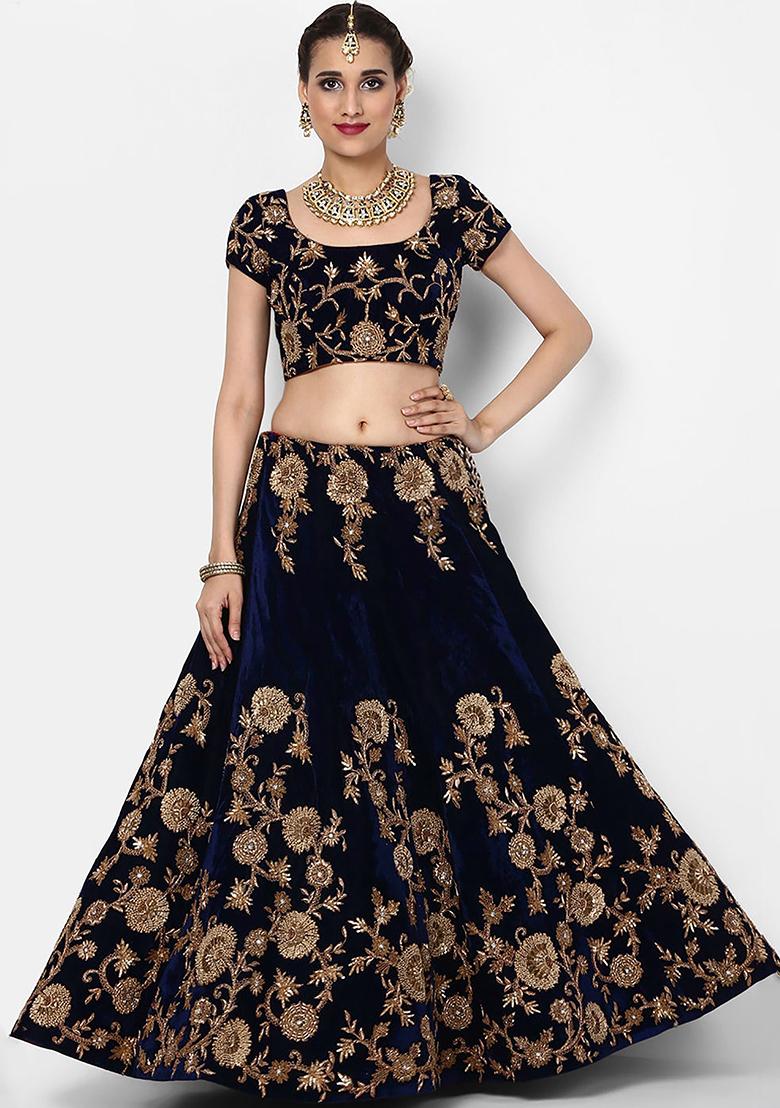 Navy Blue Embroidered Velvet Lehenga Set