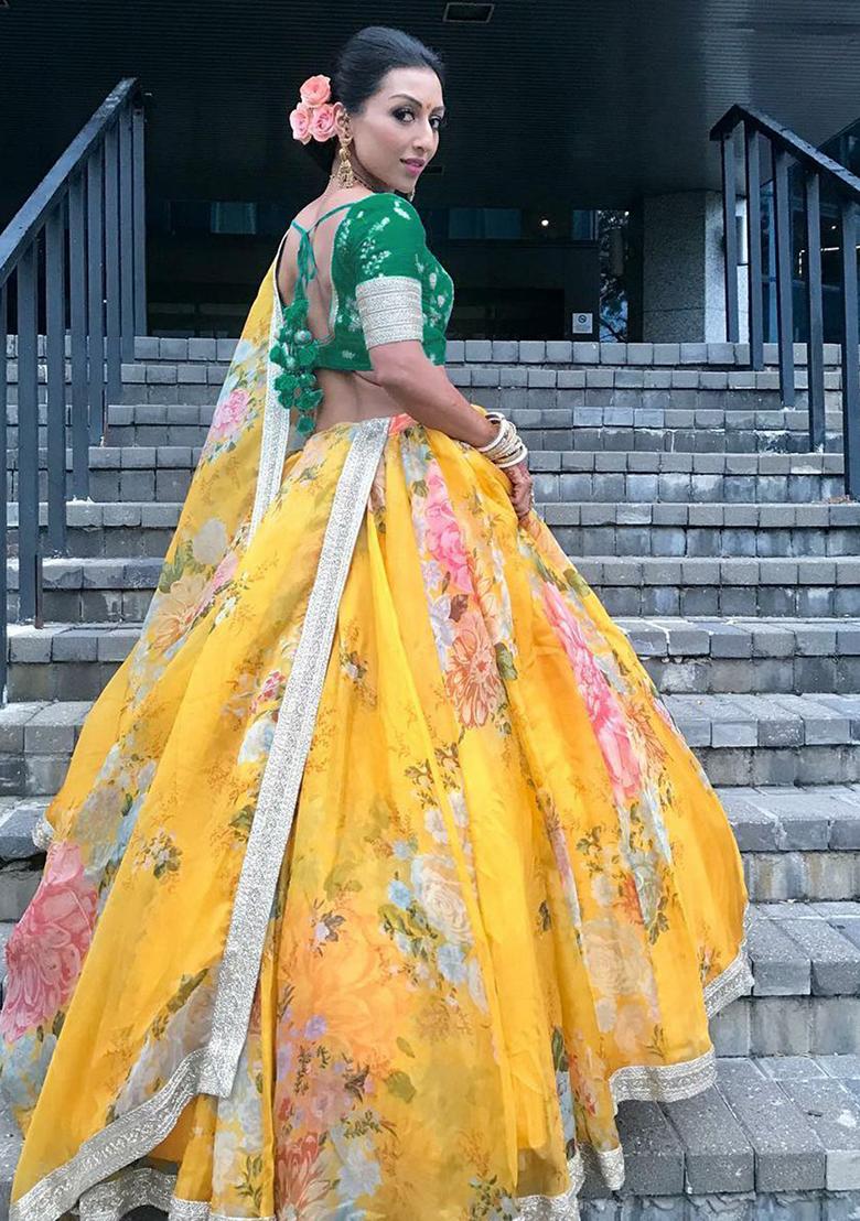 Yellow Floral Print Organza Lehenga Set