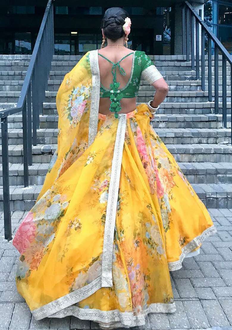 Yellow Floral Print Organza Lehenga Set for Diwali and Festive Wear - Indya