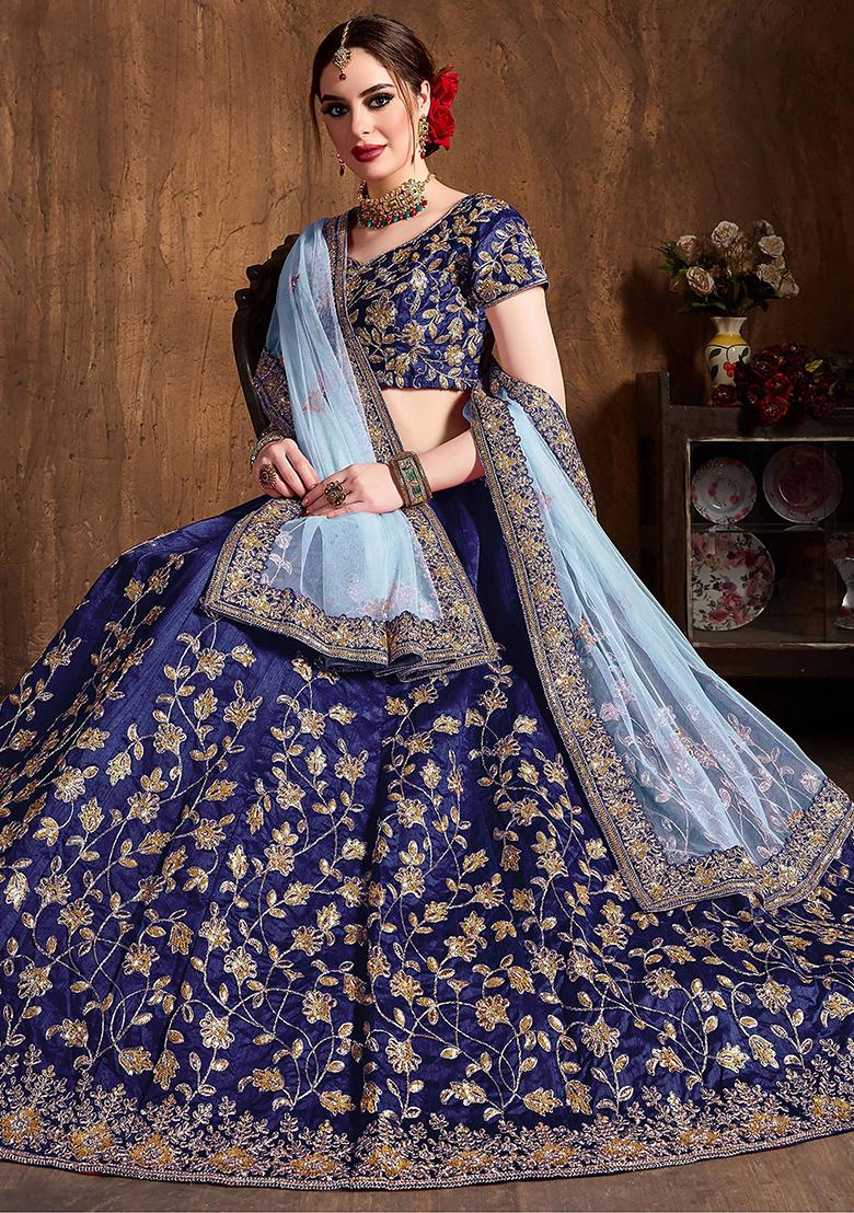 Blue Sequin Embroidered Raw Silk Lehenga Set