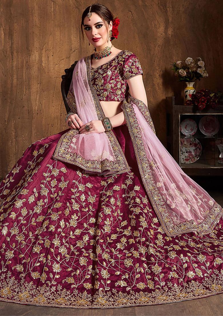 Maroon Sequin Embroidered Raw Silk Lehenga Set