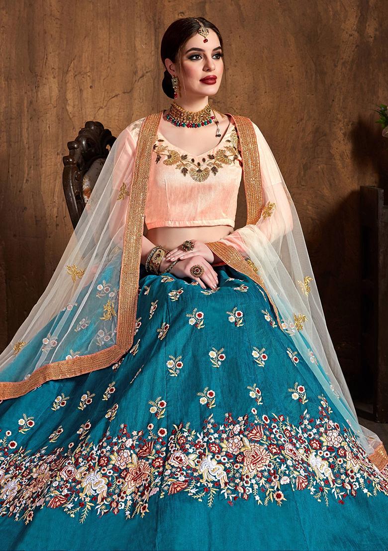 Blue Embroidered Raw Silk Lehenga Set