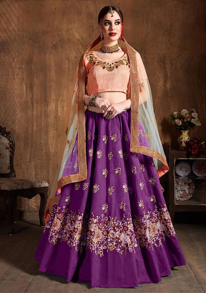 Purple Embroidered Raw Silk Lehenga Set