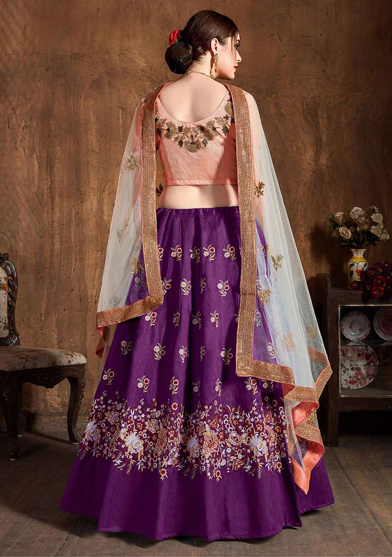 Purple Blend Raw Silk Lehenga Set with Embroidered for Diwali | Wedding & Festive Wear - Indya