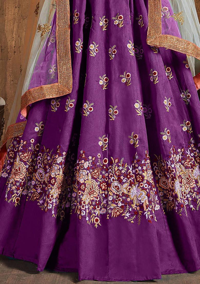 Purple Embroidered Raw Silk Lehenga Set