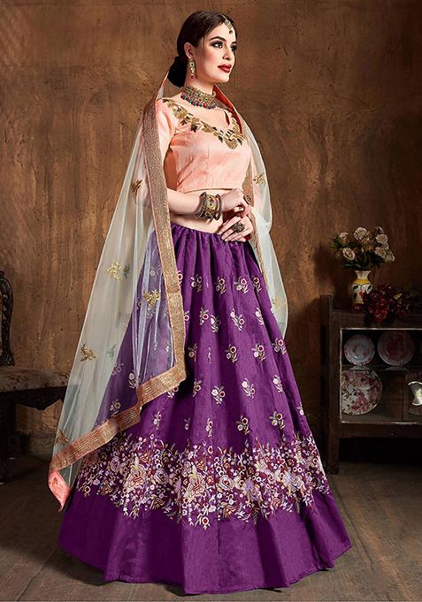 Purple Embroidered Raw Silk Lehenga Set