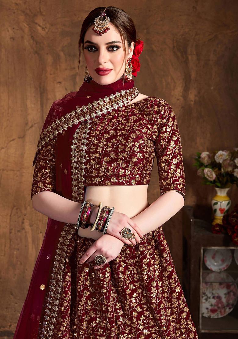 Maroon Embroidered Raw Silk Lehenga Set