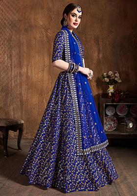 Blue Embroidered Raw Silk Lehenga Set