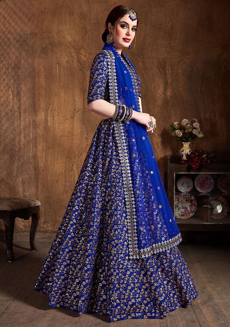 Blue Blend Raw Silk Lehenga Set with Embroidered for Diwali | Wedding & Festive Wear - Indya