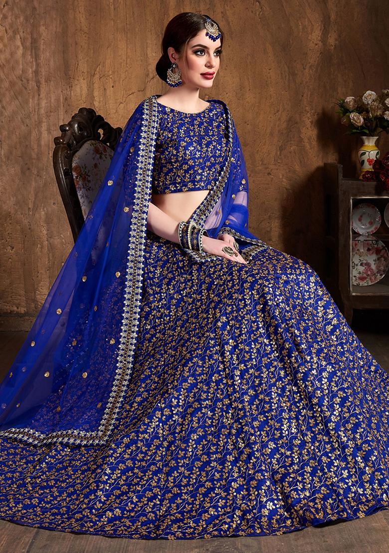 Blue Embroidered Raw Silk Lehenga Set