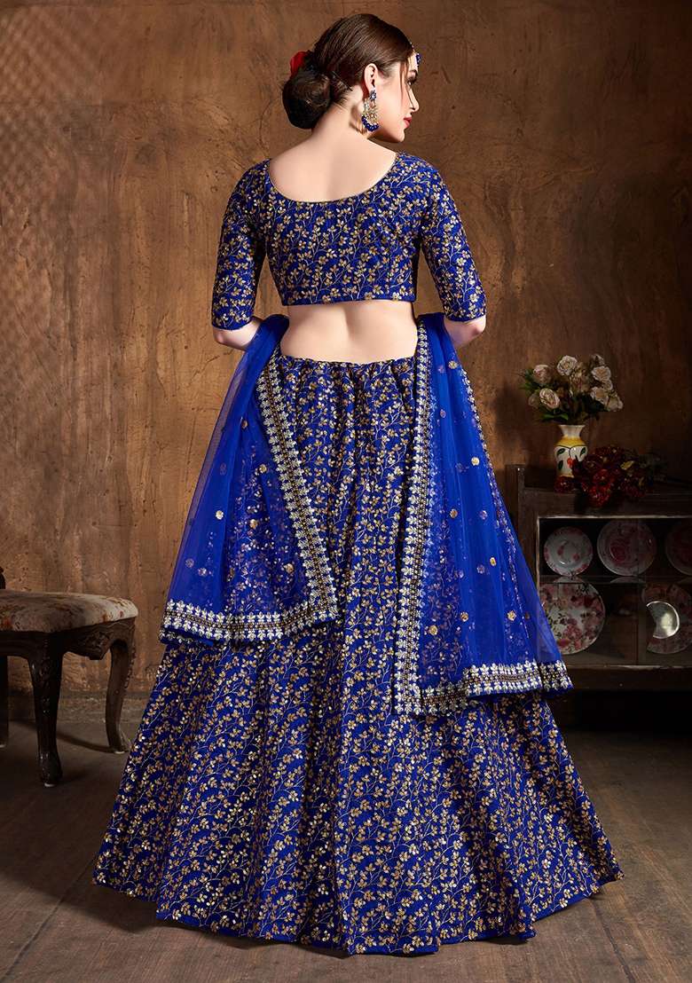 Blue Blend Raw Silk Lehenga Set with Embroidered for Diwali | Wedding & Festive Wear - Indya