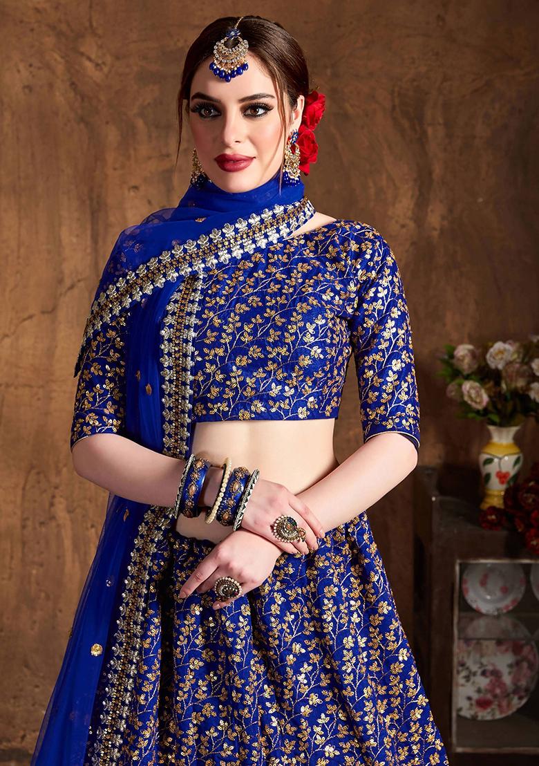 Blue Embroidered Raw Silk Lehenga Set