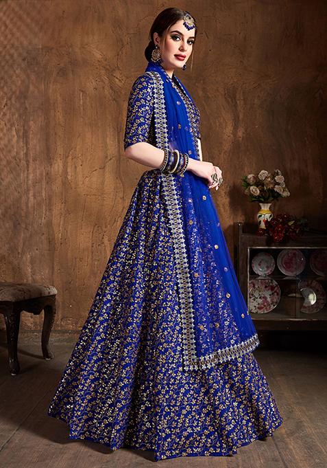 Blue Embroidered Raw Silk Lehenga Set