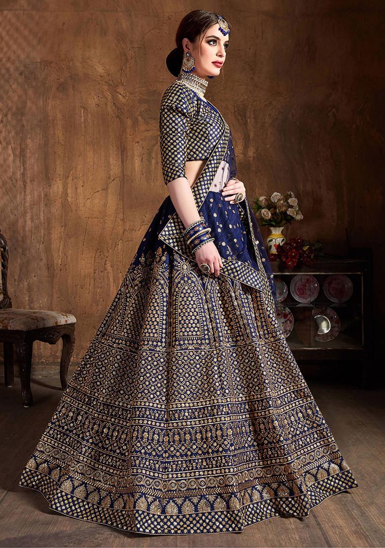 Navy Blue Sequin Embroidered Raw Silk Lehenga Set