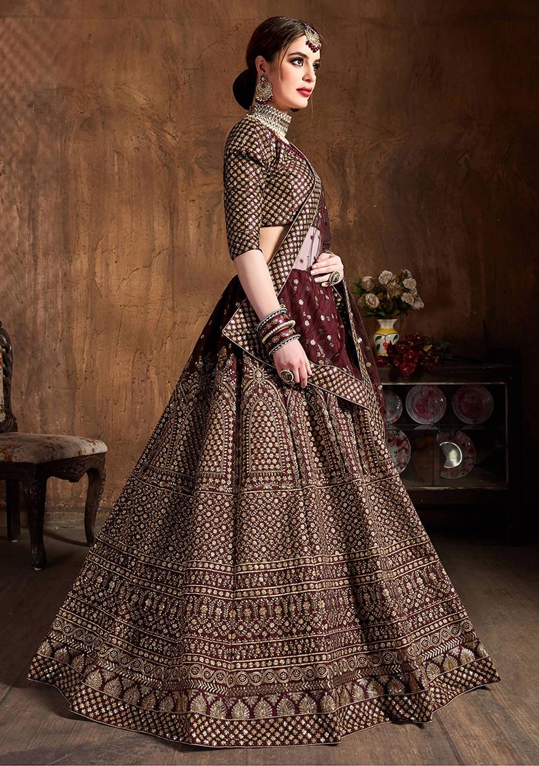 Maroon Sequin Embroidered Raw Silk Lehenga Set