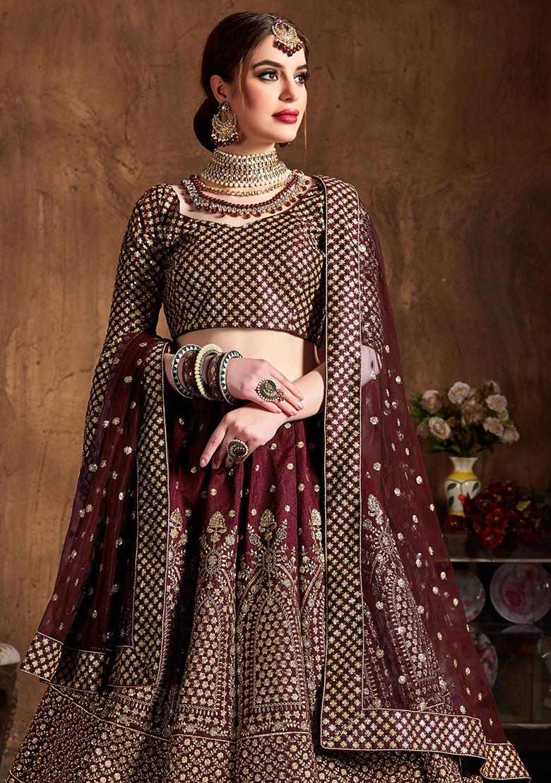 Maroon Sequin Embroidered Raw Silk Lehenga Set