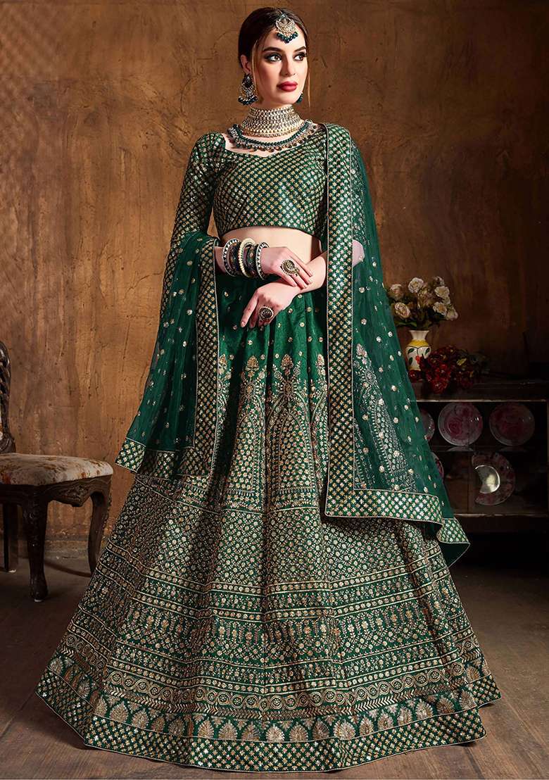 Green Blend Raw Silk Lehenga Set with Embroidered & Sequin for Diwali | Wedding & Festive Wear - Indya