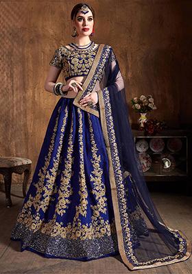 Blue Embroidered Raw Silk Lehenga Set