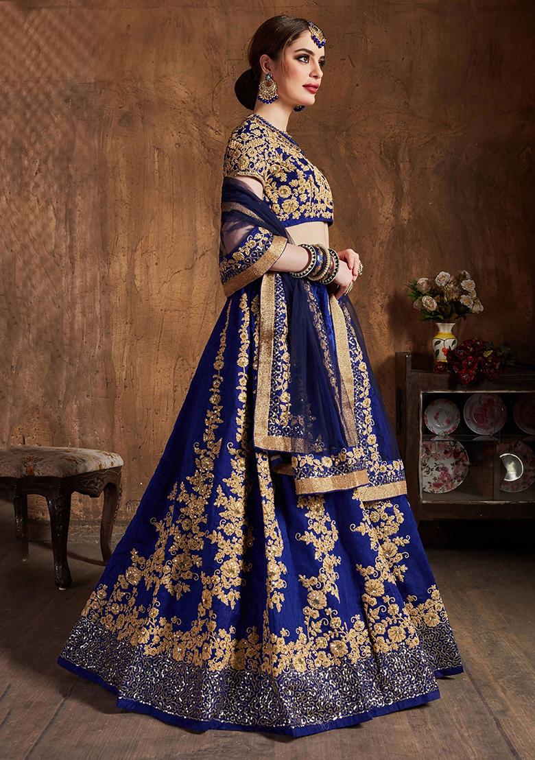Blue Embroidered Raw Silk Lehenga Set
