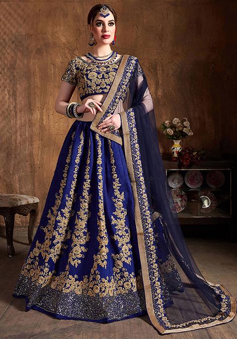 Blue Embroidered Raw Silk Lehenga Set