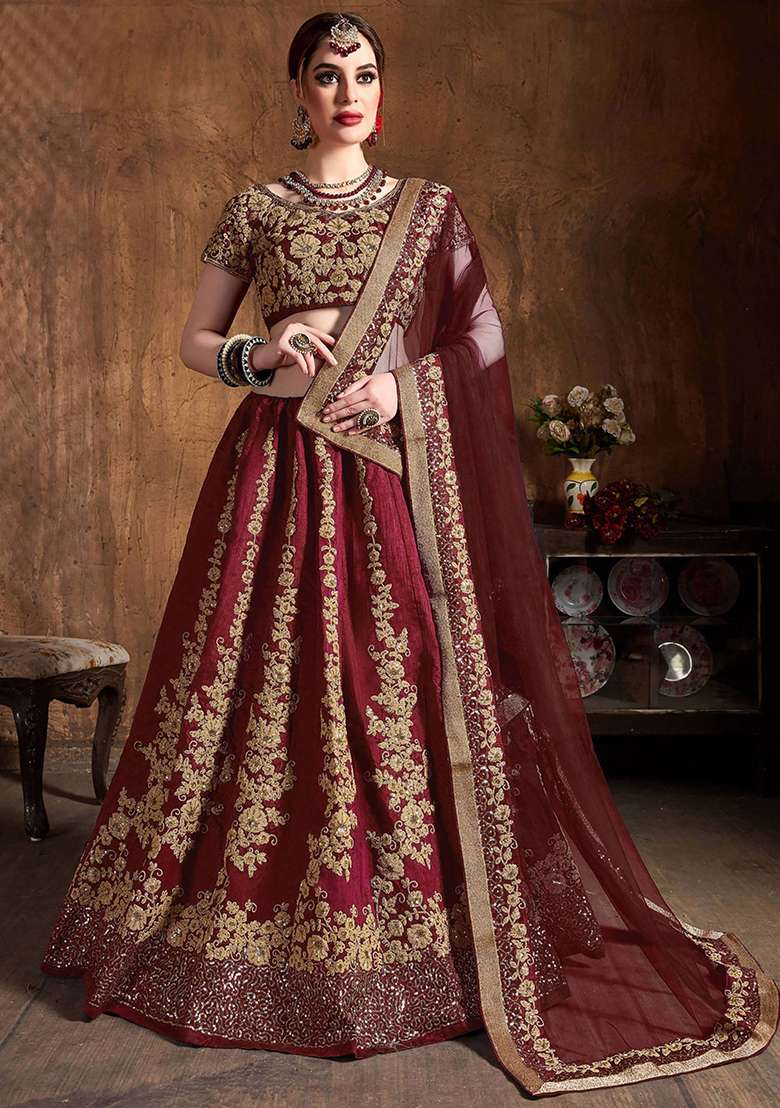 Maroon Embroidered Raw Silk Blend Lehenga Set for Diwali and Festive Wear - Indya