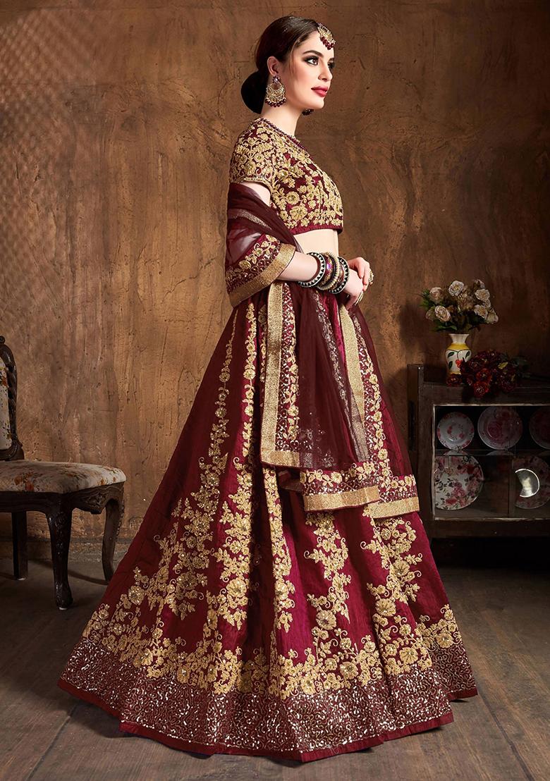Maroon Embroidered Raw Silk Lehenga Set