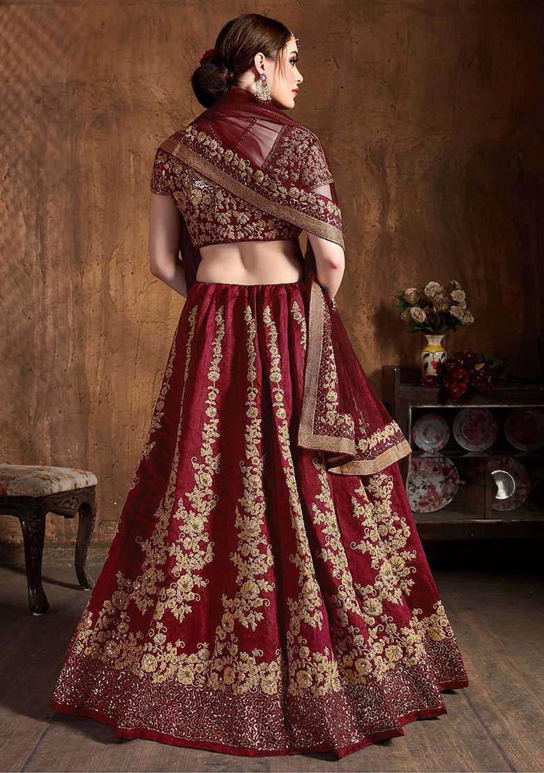 Maroon Embroidered Raw Silk Blend Lehenga Set for Diwali and Festive Wear - Indya
