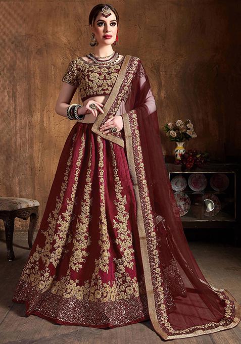 Maroon Embroidered Raw Silk Lehenga Set