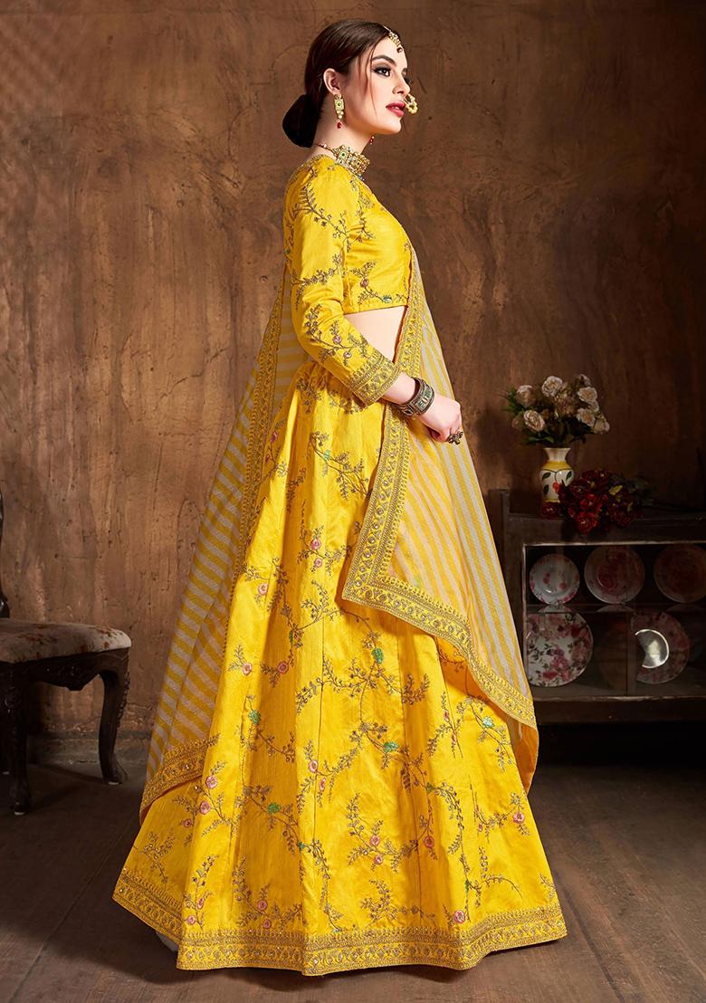 Yellow Embroidered Mulberry Silk Lehenga Set