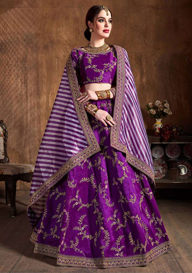 Purple Embroidered Mulberry Silk Blend Lehenga Set for Diwali and Festive Wear - Indya