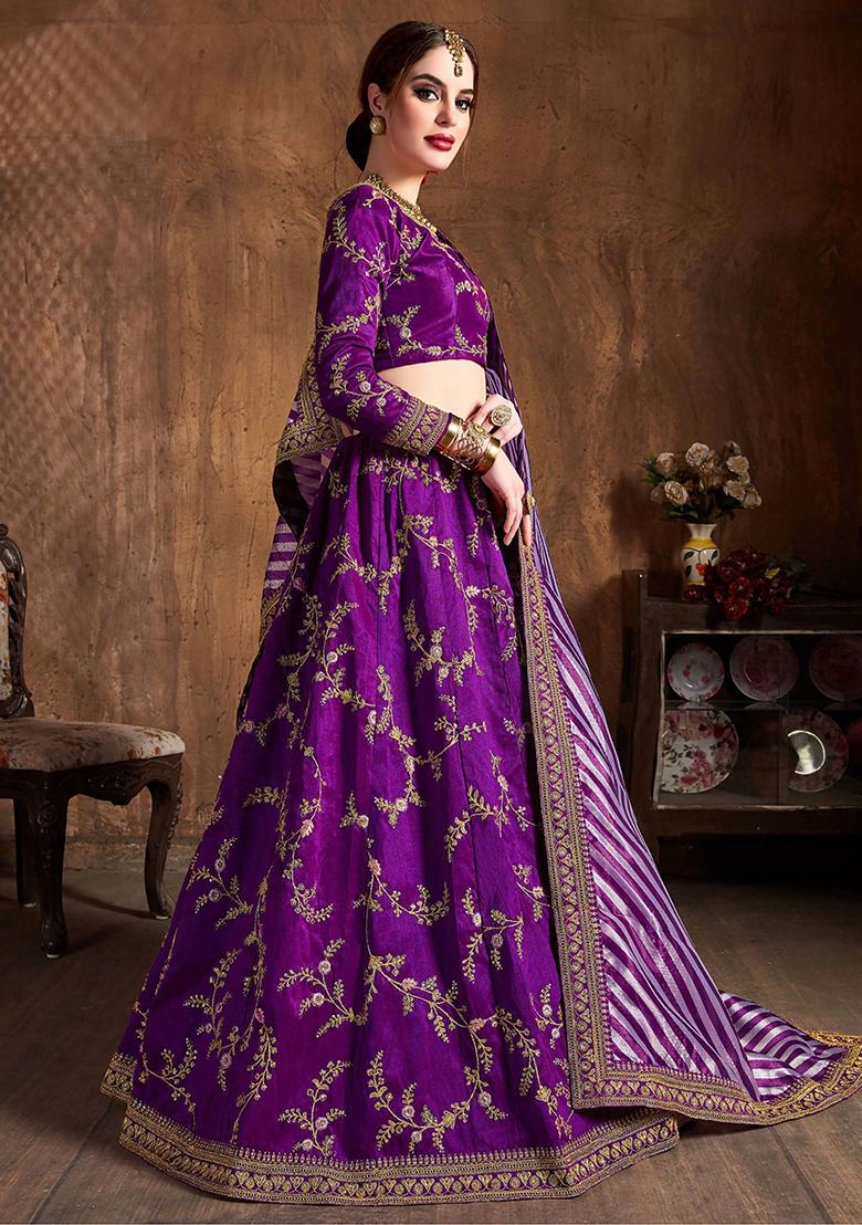 Purple Embroidered Mulberry Silk Lehenga Set